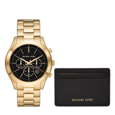 Michael Kors Men's Oversized Slim Runway Gold Chronograph Watch W/ Card Case