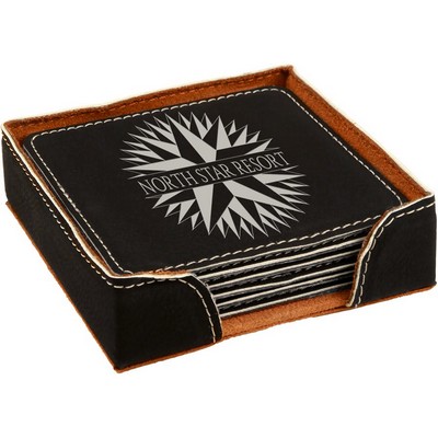 4" x 4" Black/Silver Square Leatherette 6-Coaster Set