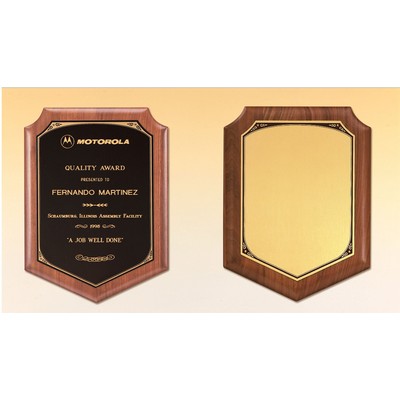 American Walnut Shield Plaque with Black Brass & Gold Border (7"x8")