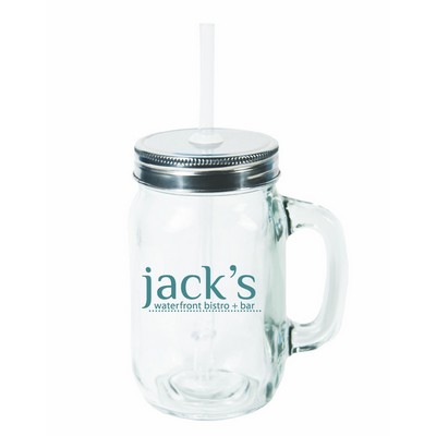 15 Oz. Handled Mason Jar with Silver Lid and Clear Straw