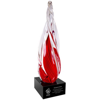 Red Twisted Spire Art Glass on Black Glass Base, 12"