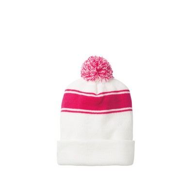 Classic Knit Stripe Beanie w/Pom, White/Pink Raspberry