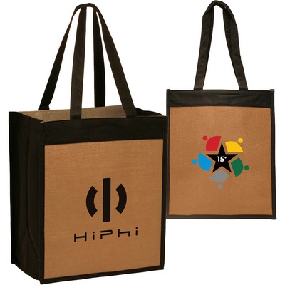 Convention Laminated Jute Tote Bag W/ Black Panels (12" x 13.75")