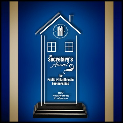 9" Tall House Clear Acrylic Award with a Black Wood Base