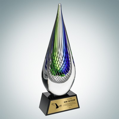 Art Glass Ocean Green Narrow Teardrop Award w/ Black Base & Gold Plate