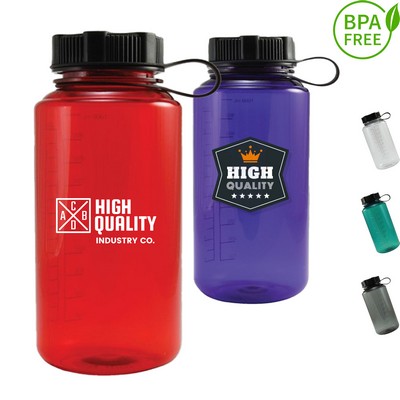 32 oz. BPA free Plastic Water Bottle w/ Tethered lid