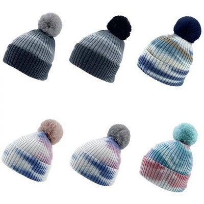 Tie-dye Printed Knitted Beanie with Pom