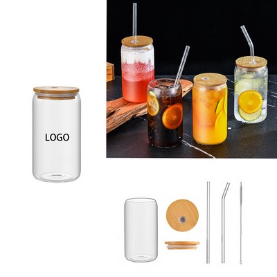 16 Oz Drinking Glasses With Bamboo Lid And Glass Straw