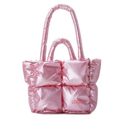 Puffer Tote Bag, Trendy Luxury Chic Quilted Padded Designer Handbags, Winter Soft Shoulder Container