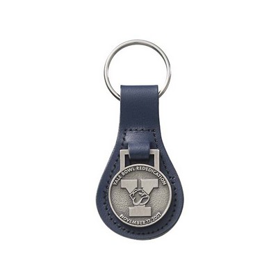 Bonded Leather Large Tear Drop Key Tag w/ Metal Medallion Key Fob