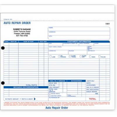 3 Part Auto Repair Order Forms - 8½"x 7"