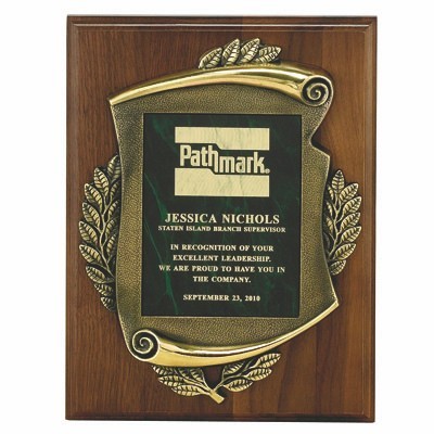 Walnut Finish Plaque w/Cast Antique Brass Frame & Colored Plate (12"x 15")