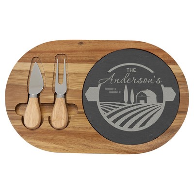 Acacia Wood/Slate Oval Cheese Set with Two Tools