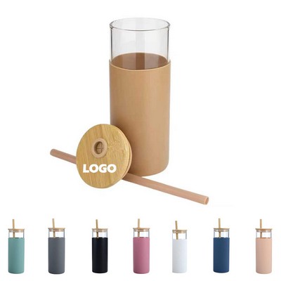 20oz Glass Water Tumbler With Bamboo Lid & Straw