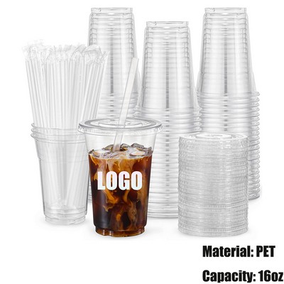 16oz Clear PET Plastic Disposable Party Stadium Cups w/Lids & Straws