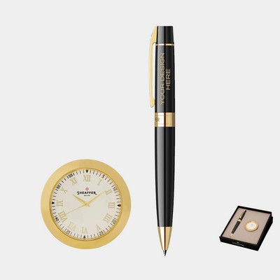 SHEAFFER® Executive Gift Set Glossy Black Gold Trim 300 Ballpoint Pen with Table Clock