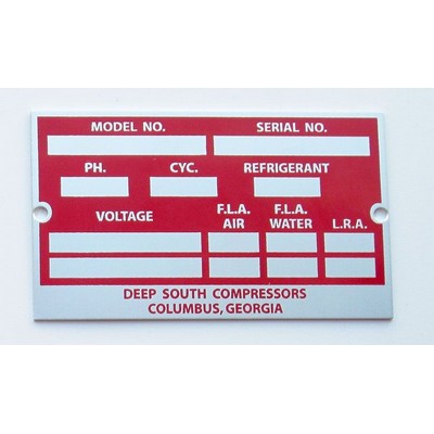 Aluminum ID/Name Plates falling between 7-9.9 sq. inches w/ a an epoxy screen printed imprint.