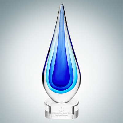 Art Glass Blue Teardrop Optical Crystal Award w/ Clear Base (Large)