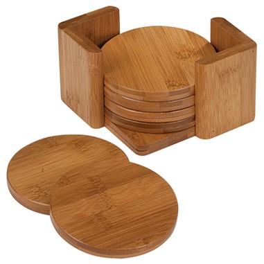 Bamboo Round 6 Coaster Set w/ Holder