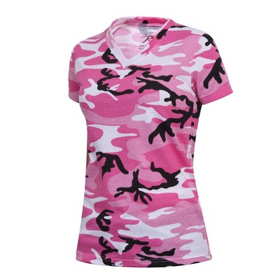 Womens Pink Camo V-Neck Long Length T-Shirt