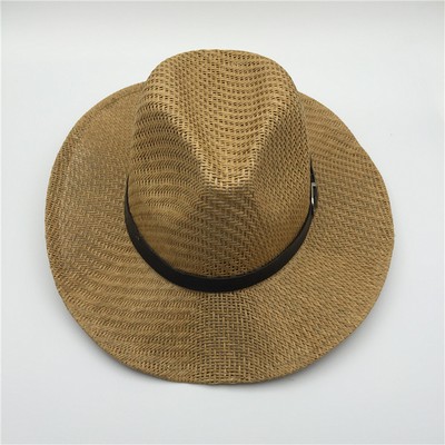 Straw Panama Cowboy Hat w/Flat Edge & Leather Band