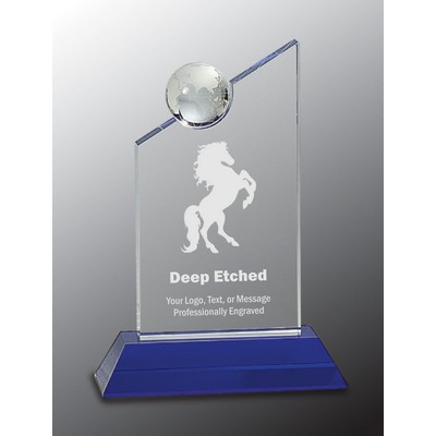 8 1/4" Clear Crystal with Inset Crystal Globe Award and Blue Base