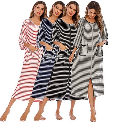 Zipper Front Half Sleeve Stripe Long Loungewear Women