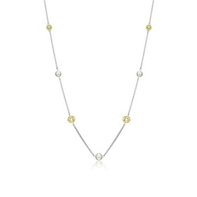 ELLE "Majestic" Sterling Silver with Pearl and Cubic Zirconia Station Necklace - Gold and Silver