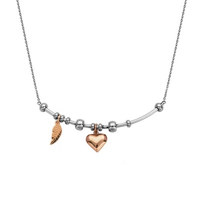 CJ Steelx Necklace with IP Rose Leaf and Heart Charm Rolo Chain - Rose and Silver