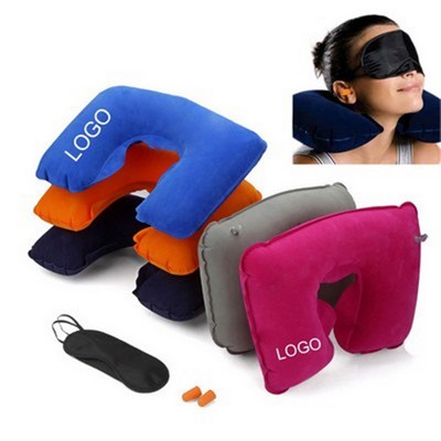 Portable Travel Kit w/PVC Inflatable U-Shape Neck Pillow & Polyester Eye Mask & Foam Ear Plugs