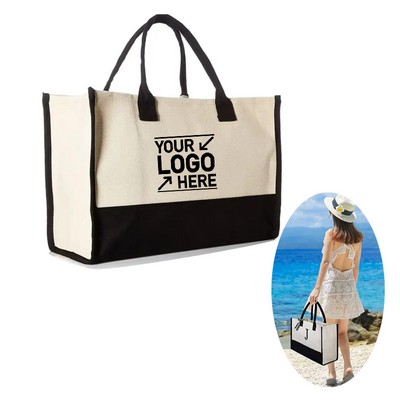 Personalized Gift Canvas Cotton Two Tone Chic Beach Bag Shopping Tote Bag For Women