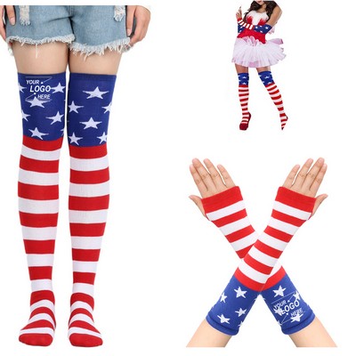 Striped Knee High Socks and Winter Gloves Set