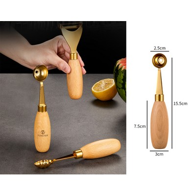 Round Gold 304 Stainless Steel Fruit Scoop Watermelon Scoop Ice Cream Scoop With Wood Handle