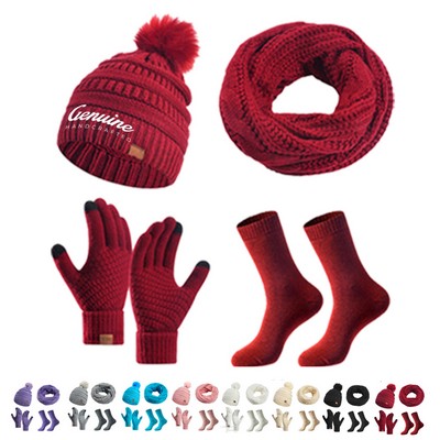 Knitted Beanie Scarf Gloves Sock Set