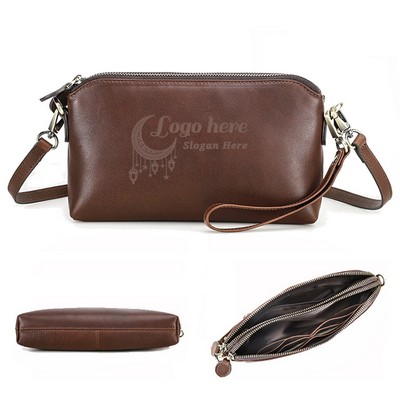 Genuine Leather Clutch Crossbody Bag with Wrist Strap