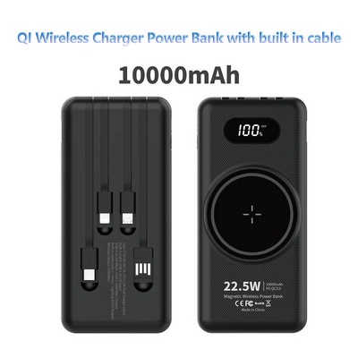 QI Wireless Charger 10000mAh Power Bank with Built in Cable