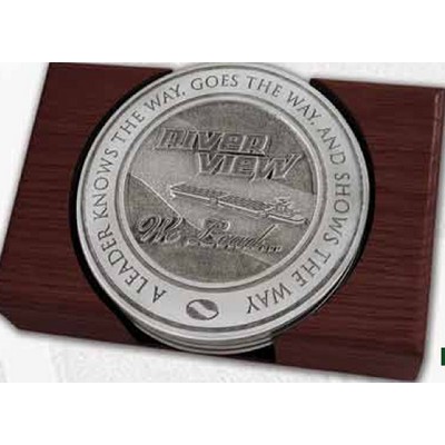 3.75" Custom Pewter Executive Coasters - Set of 4 w/ Flat Holder