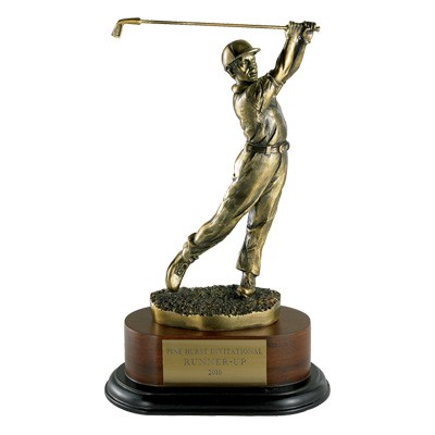 11 ½" Electroplated Brass Male Golf Trophy on Wood Base