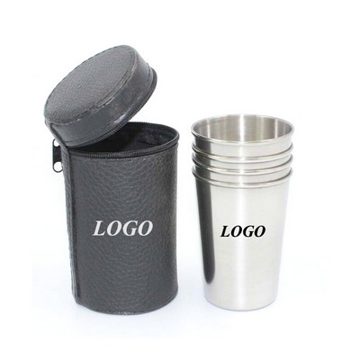 Stainless Steel Drinking Cup Set Including 4 Cups And One Zipper Pouch