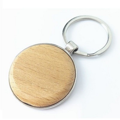 Round Circle Wood Keychain w/ Metal Frame