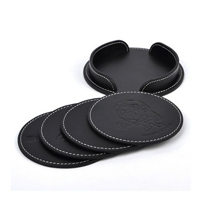 4pc Round Black PU Leather Coaster Gift Set