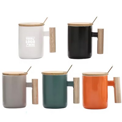 12Oz Wood Handle Ceramic Coffee Mug With Lip