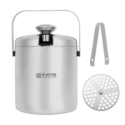 3 Liter Stainless Steel Ice Bucket with Lid Tongs and Strainer