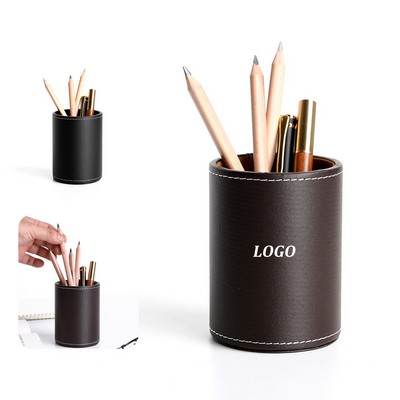 Round PU Leather Pen Holder