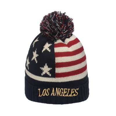 Two-Tone Stripe Pom Pom Beanie