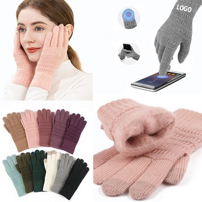 Fleecing Lining Touch Screen Knit Stretchy Warm Gloves