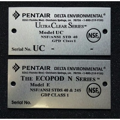 Aluminum ID/Name Plates falling between 7-9.9 sq. inches w/ a Die struck/Color filled imprint.