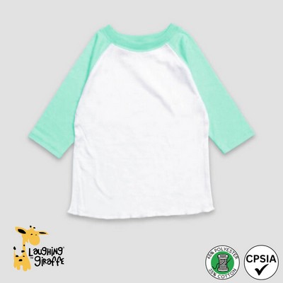 Toddler 3/4 Sleeve Raglan Shirt White/Mint 65% Polyester 35% Cotton- Laughing Giraffe®