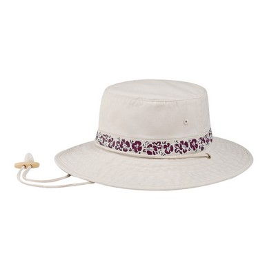 Cotton Twill Washed Bucket Hat w/ Floral Print Band & Chin Cord