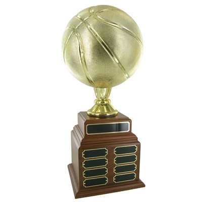 17" Gold Basketball Trophy w/9"Diameter Ball on Walnut Base